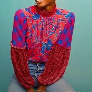 EUC Anthropologie | Bl^nk London Mixed Print  Vivant Moc Neck Peasant Blouse